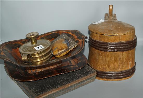 Swedish wooden keg, 2 Toleware dishes, wooden textile block etc